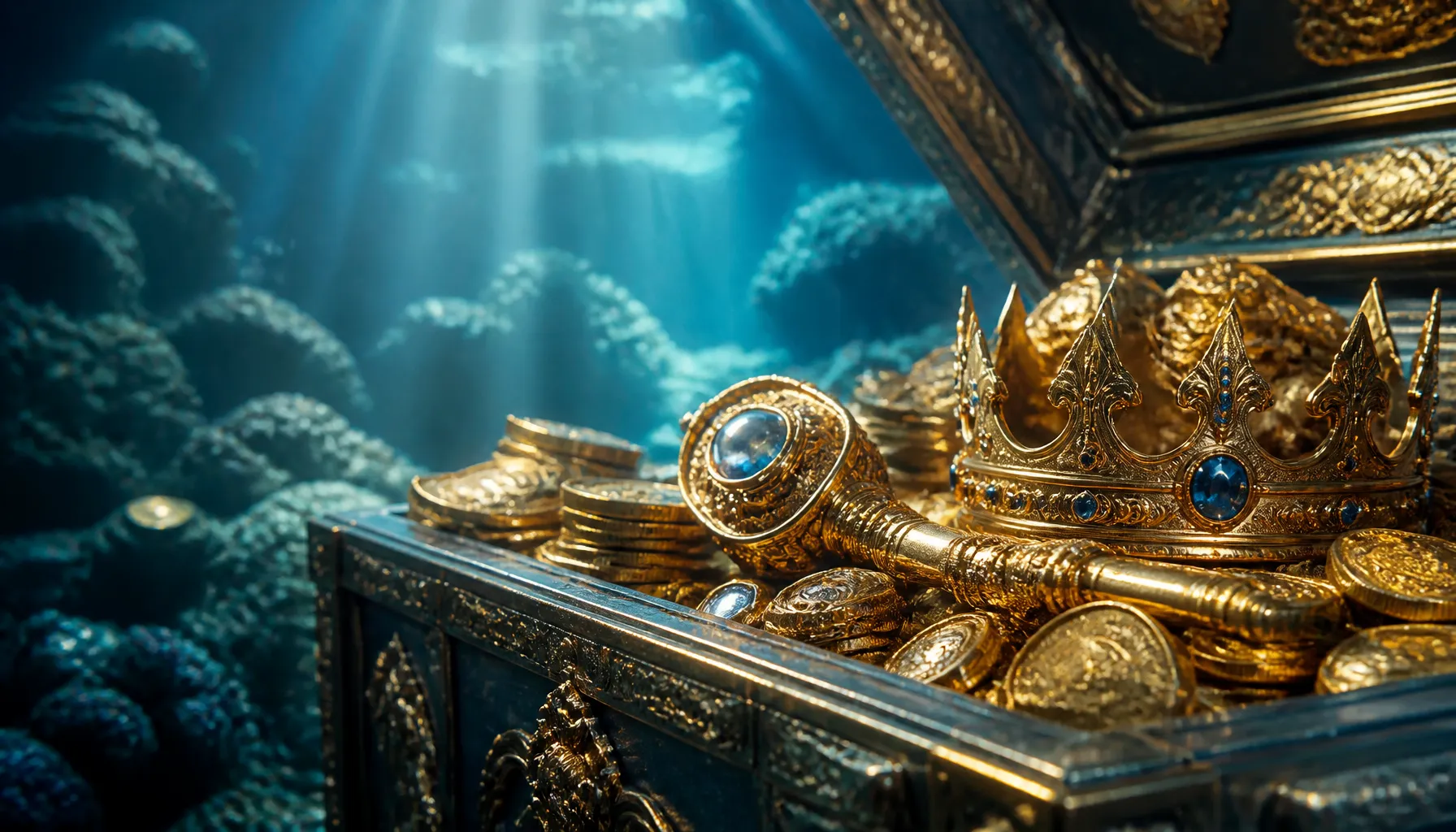 A golden treasure chest overflowing with pearls and jewels on a dark oceanic surface with deep teal reflections