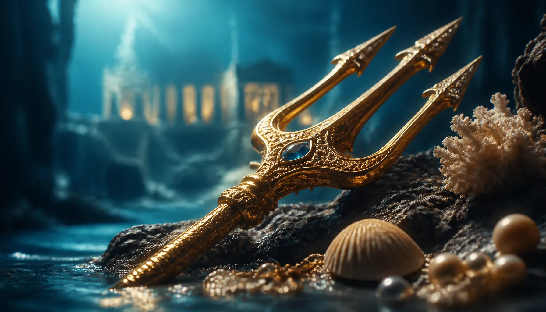 A golden treasure chest overflowing with pearls and jewels on a dark oceanic surface with deep teal reflections
