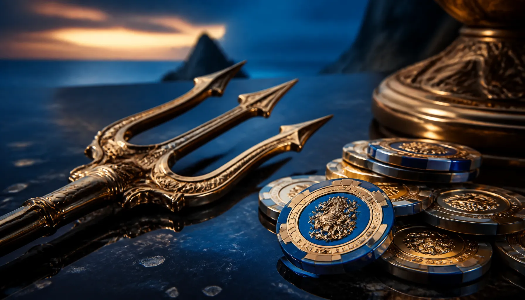 A golden treasure chest overflowing with pearls and jewels on a dark oceanic surface with deep teal reflections
