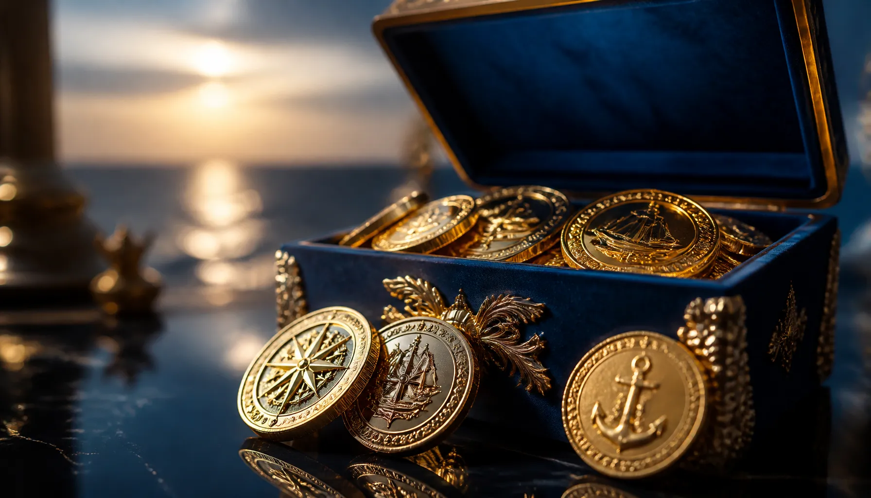 A golden treasure chest overflowing with pearls and jewels on a dark oceanic surface with deep teal reflections