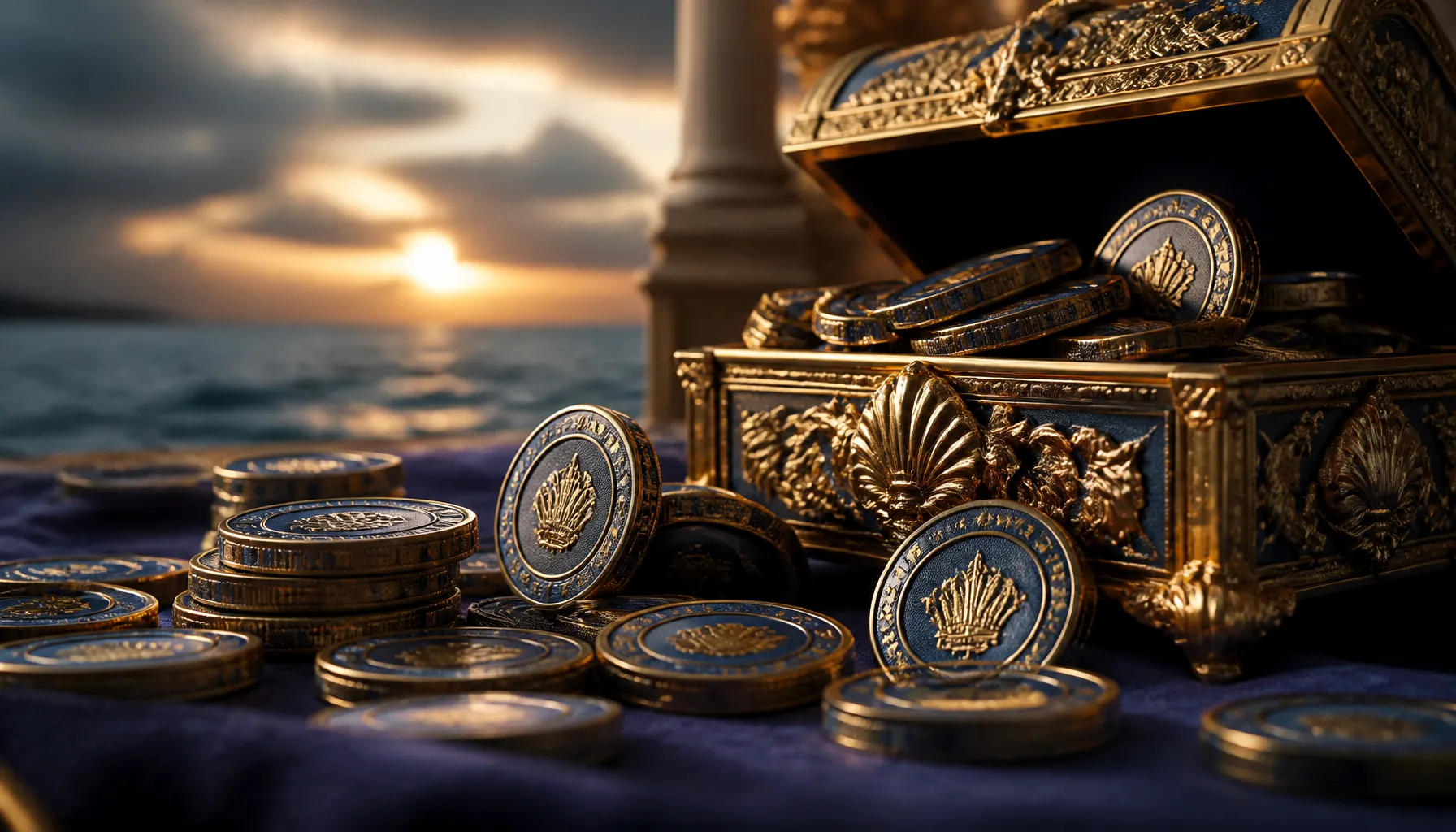 A golden treasure chest overflowing with pearls and jewels on a dark oceanic surface with deep teal reflections