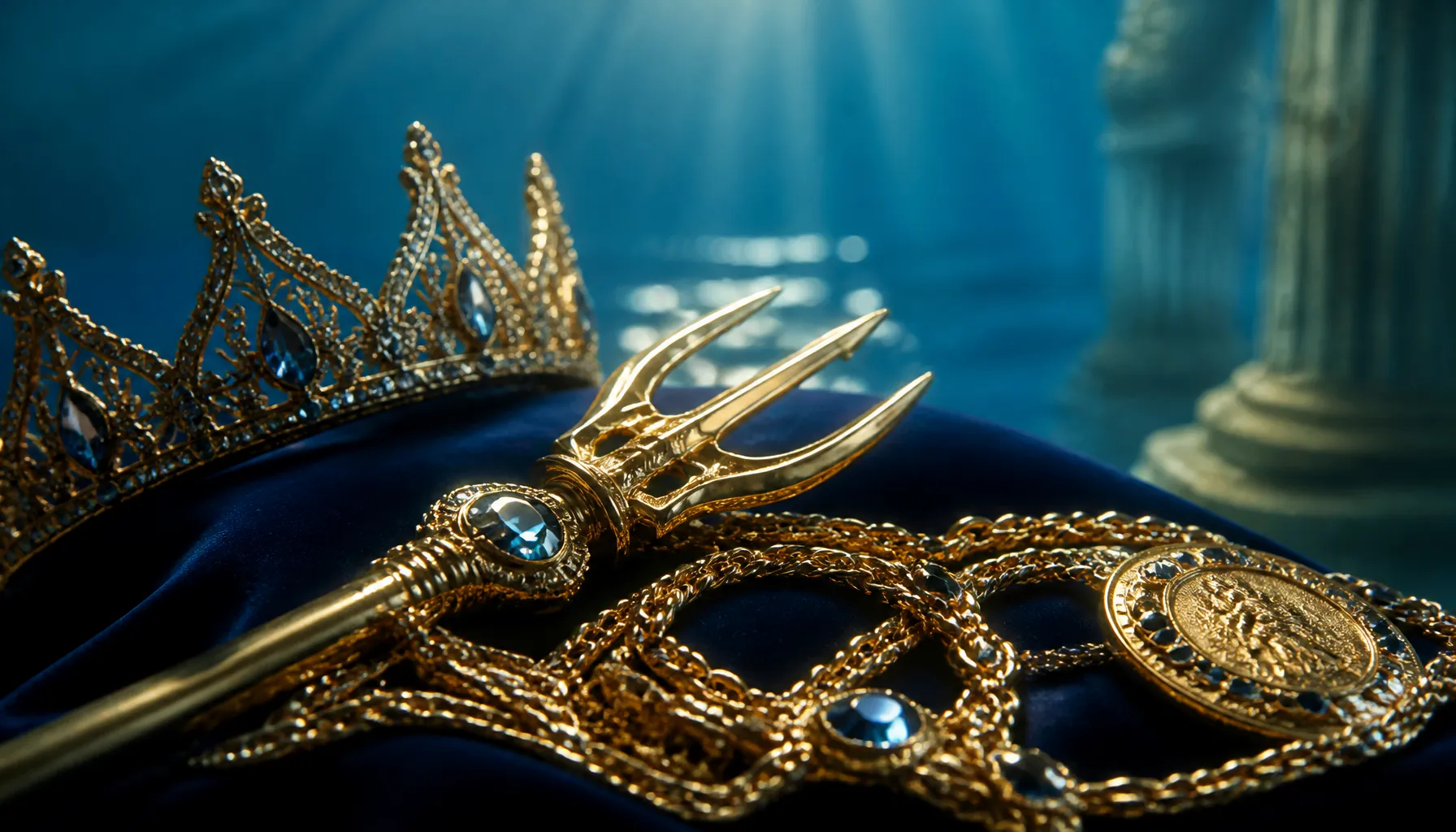 A golden treasure chest overflowing with pearls and jewels on a dark oceanic surface with deep teal reflections