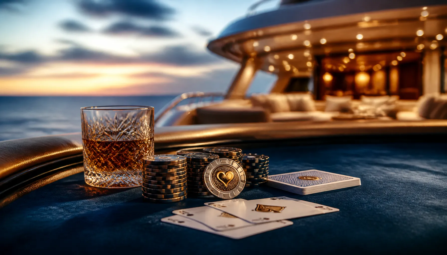A golden treasure chest overflowing with pearls and jewels on a dark oceanic surface with deep teal reflections