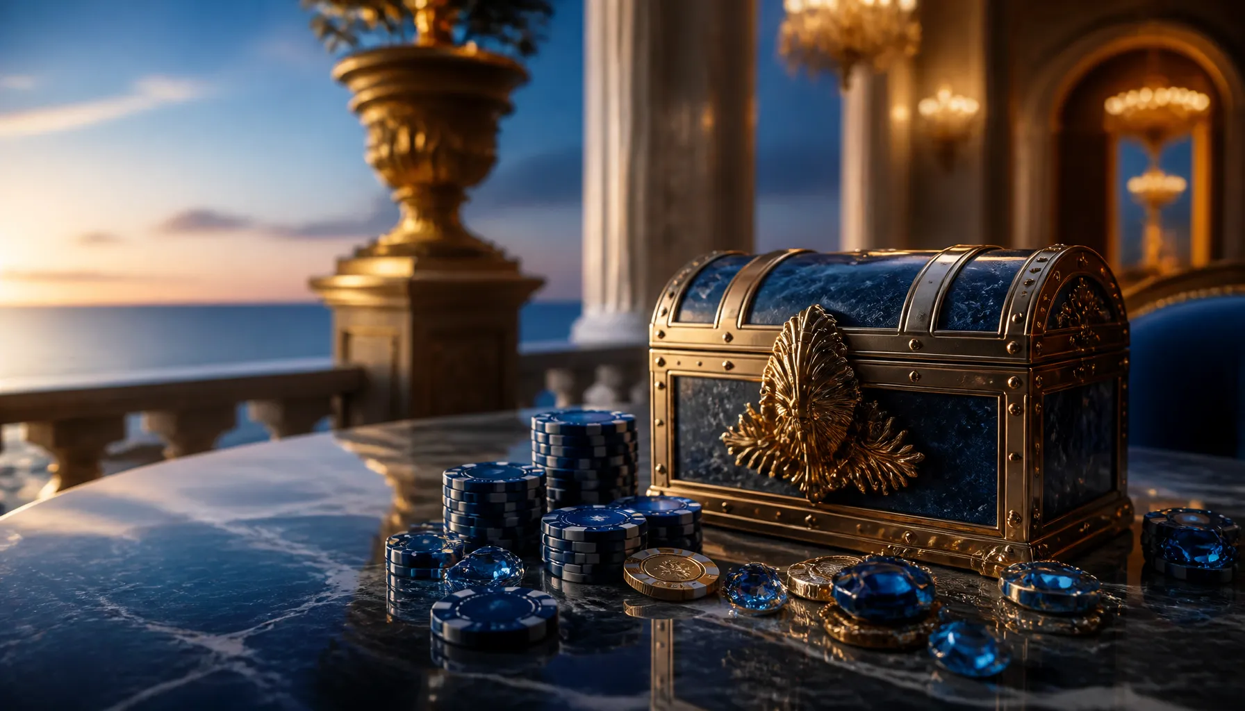 A golden treasure chest overflowing with pearls and jewels on a dark oceanic surface with deep teal reflections